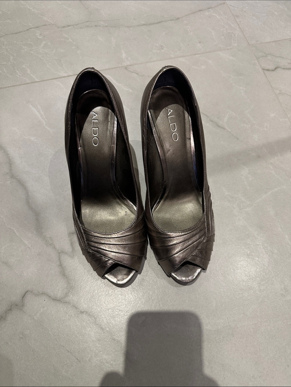 ALDO Metallic Gray Peep-Toe Heels with Pleated Overlay